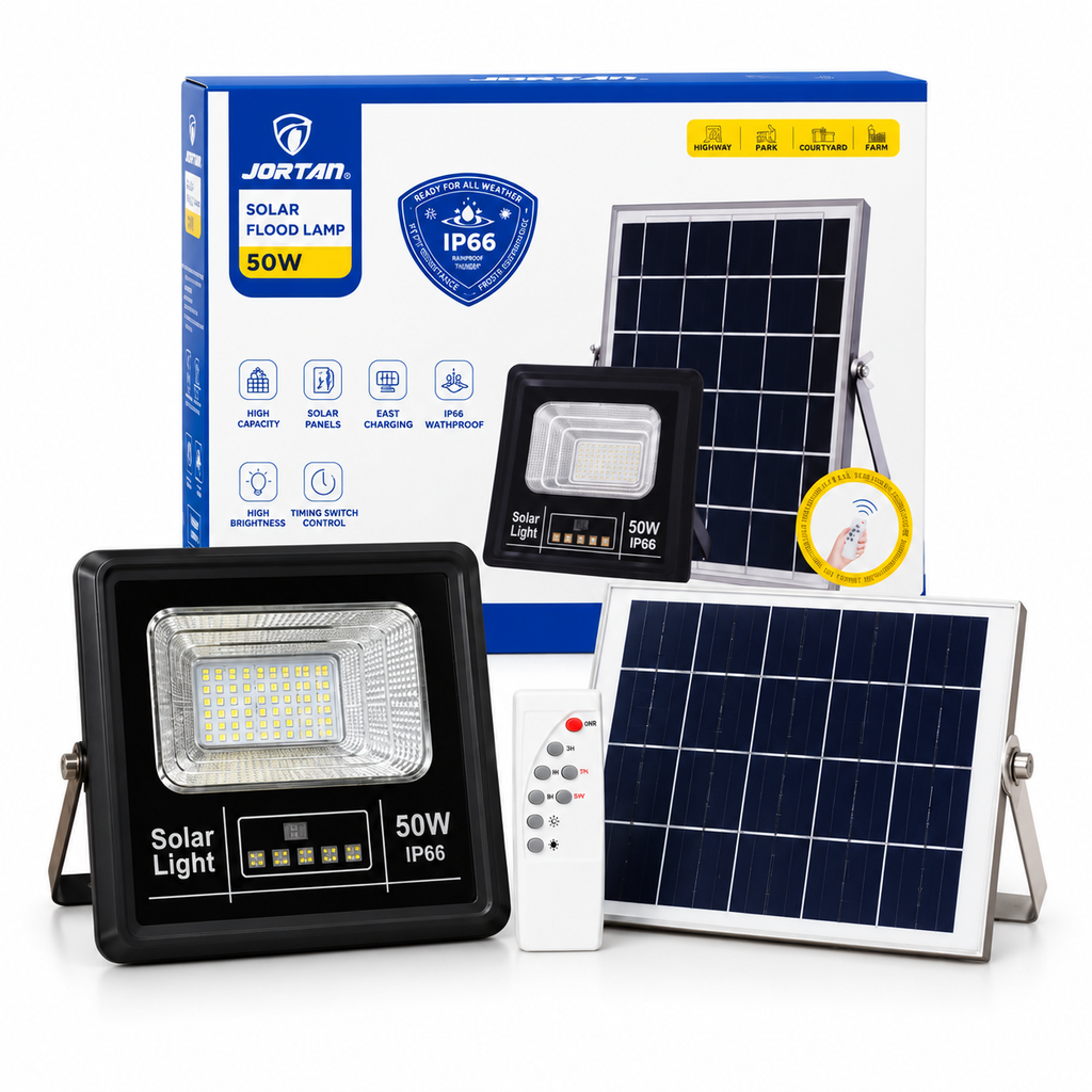 Reflector LED Solar Jortan 50W IP66 con Panel Solar y Control Remoto