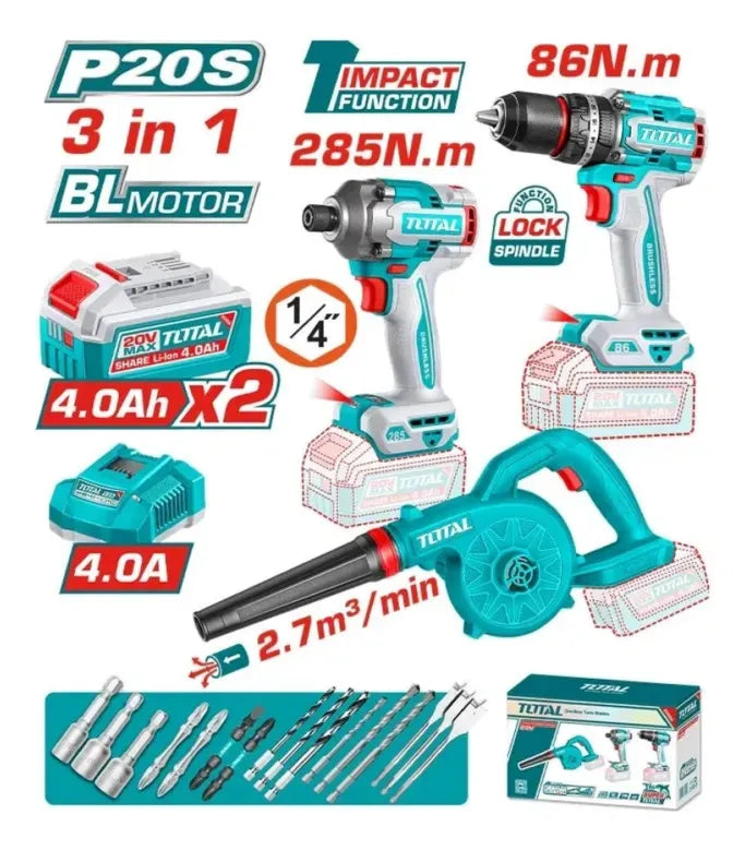 Kit Llave de Impacto + Taladro Percutor + Soplador 20V