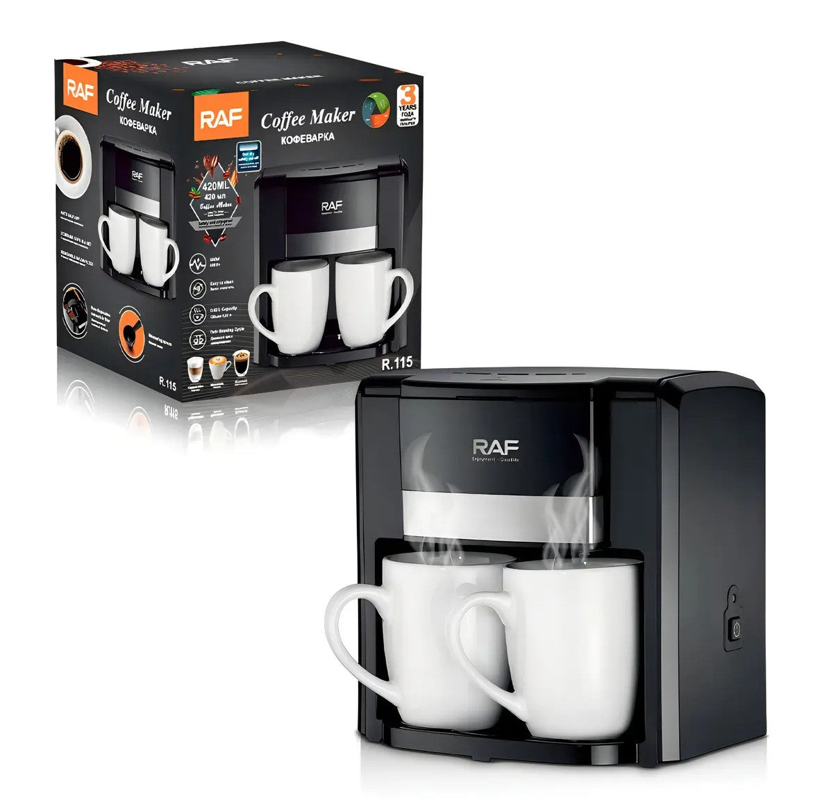 Cafetera Eléctrica Raf Café R115 + 2 Tazas Color Negro